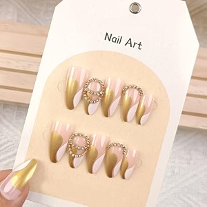 secret lives glossy reusable artificial translucent pink color with 3d studs amp white golden curve design press on nails 24 pieces set with kit