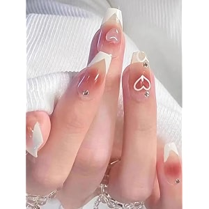 secret lives glossy reusable artificial translucent brown color with 3d heart stone amp french design press on nails 24 pieces set with kit
