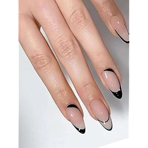 secret lives glossy reusable artificial translucent pink color with black design press on nails 24 pieces set with kit