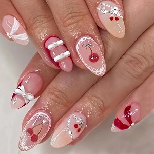 secret lives glossy reusable artificial translucent pink amp red color with 3d bow amp pearls design press on nails 24 pieces set with kit