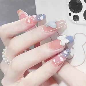 secret lives glossy reusable artificial translucent purple color with cloud patches amp 3d bow stud and heart design press on nails with kit