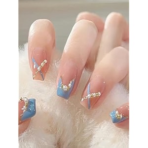 secret lives glossy reusable artificial translucent blue color with 3d pearls amp golden glitter lines design press on nails 24 pieces set with kit