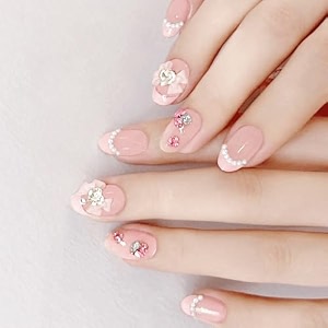 secret lives glossy reusable artificial translucent pink color with 3d pearls amp bow design press on nails with kit