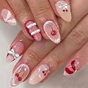 Secret Lives Glossy Reusable Artificial Translucent Pink &amp; Red Color with 3D Bow &amp; Pearls Design Press on nails 24 Pieces Set with Kit