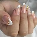 Secret Lives Glossy Reusable Artificial Translucent Pink Color with White Tip &amp; Golden Design Press on nails 24 Pieces Set with Kit