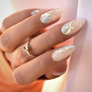 secret lives matte reusable artificial nude color with silverish glitter amp white wall design press on nails 24 pieces set with kit