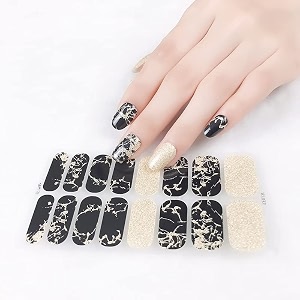 secret lives nail sticker set- black color golden glitter and sparkle design quick amp easy salon-quality manicures- includes nail file prep pad amp cuticle stick