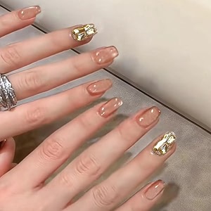 secret lives nude color and golden 3d stone cat eye press-on nails  24pc reusable nail set for women amp girls  long-lasting easy to apply artificial nail extensions nude