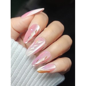 secret lives pink leaf amp glitter work cat eye press-on nails  24pc reusable nail set for women amp girls  long-lasting easy to apply artificial nail extensions