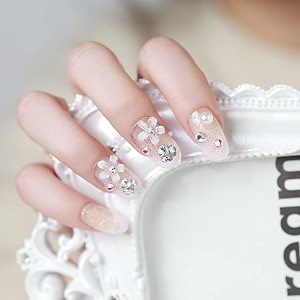 secret lives pinkish shimmer artificial baby pink color with 3d mirror crystal amp white flower pearl designer fake false press on nails 24 pieces set with kit