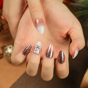 secret lives reusable artificial dark brown glitter with 3d stones fake false quick fix luxury press on nails 24 pieces with kit
