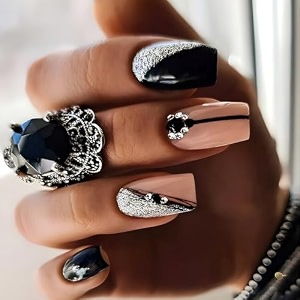 secret lives reusable artificial fake false skin amp black color combo with silver gliter 3d studs long lating press on nails 24 pieces with kit
