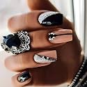 Secret Lives Reusable Artificial Fake False Skin &amp; Black Color Combo with Silver Gliter 3D Studs Long Lating Press on Nails 24 Pieces with Kit