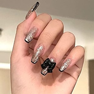 secret lives reusable artificial fake nail 24 pcs set golden glitter with 3d black fly luxuxry press on nails with kit