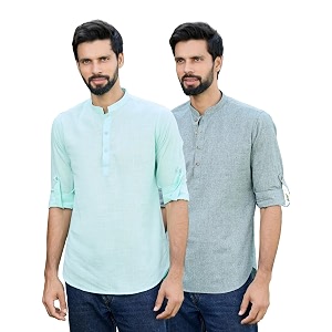 See Designs Mens Roll-Up Sleeve Mandarin Collar