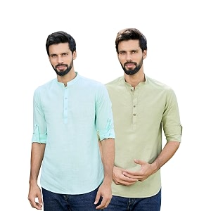 See Designs Mens Roll-Up Sleeve Mandarin Collar