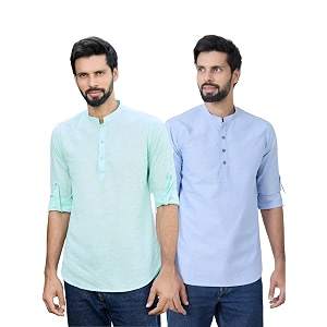 See Designs Mens Roll-Up Sleeve Mandarin Collar