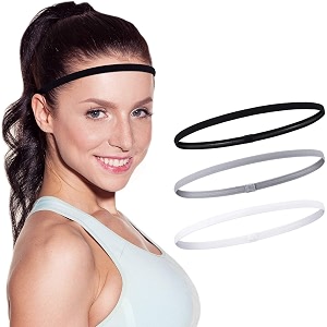 seeotwo 3 pieces thick and slim non-slip elastic sports headbands - athletic skinny hair headband for women men boys girls - silicone grip hairband mini stylish sweat hair band black white grey
