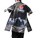 Seidarise Men's Haori, Long Kimono Cardigan Jacket Japanese Style Flying Crane Seven Sleeves Open Front Coat