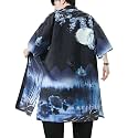 Seidarise Men's Haori, Long Kimono Cardigan Jacket Japanese Style Flying Crane Seven Sleeves Open Front Coat