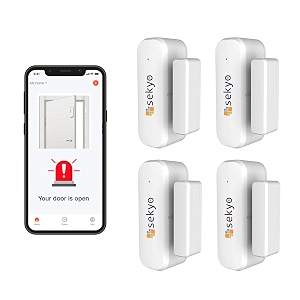 sekyo wifi smart door sensor alarm for home  magnetic wireless door open alarm security system  real-time notification on smartphone  wifi required  app control  easy installation pack of 4