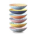 Selamica Ceramic 30oz Large Pasta Salad Bowls 8 Inch Wide and Shallow Soup Bowls, Stackable, Microwave and Oven Safe, Set Of 6, Assorted Colors
