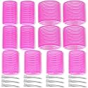 Self Grip Hair Rollers Curlers 24 Pcs Set with 12Pcs Heatless Hair Rollers 3 Sizes (4 Jumbo, 4 Large &amp; 4 Medium) and 12 Pcs Hair Clips for Long Medium Short (24 Pieces Yellow Set) (pink)