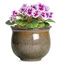 Self Watering Planters for Indoor Plants, 6 Inch Ceramic African Violet Pots with Absorbent Inner Pot, Ceramic Plant Pot, Round Flower Pots, Bathroom Decor, Housewarming Gifts, Yellowish Brown