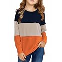 SELINK Girl's Casual Big Kids Long Sleeve Striped Color Block Tees Pockets