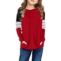 SELINK Girl's Casual Big Kids Long Sleeve Striped Color Block Tees Pockets