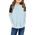 SELINK Girl's Casual Big Kids Long Sleeve Striped Color Block Tees Pockets
