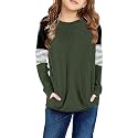 SELINK Girl's Casual Big Kids Long Sleeve Striped Color Block Tees Pockets