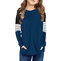 SELINK Girl's Casual Big Kids Long Sleeve Striped Color Block Tees Pockets