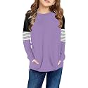 SELINK Girl's Casual Big Kids Long Sleeve Striped Color Block Tees Pockets