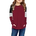 SELINK Girl's Casual Big Kids Long Sleeve Striped Color Block Tees Pockets