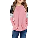SELINK Girl's Casual Big Kids Long Sleeve Striped Color Block Tees Pockets