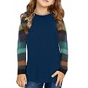SELINK Girl's Casual Big Kids Long Sleeve Striped Color Block Tees Pockets