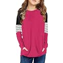 SELINK Girl's Casual Big Kids Long Sleeve Striped Color Block Tees Pockets