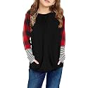 SELINK Girl's Casual Big Kids Long Sleeve Striped Color Block Tees Pockets