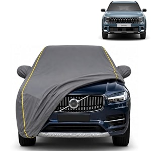 seltos 100 waterproof car cover  dustproof sun protection cover  soft cotton lining  triple stitched  mirror pocket  antenna pocket  all weather body cover grey with yellow piping