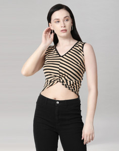 Selvia Casual Striped Women Beige Top