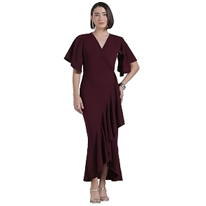 Selvia Wine Flutter Sleeve Bodycon Midi Dress