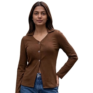 Selvia Womens Ribbed Button Front V Neck