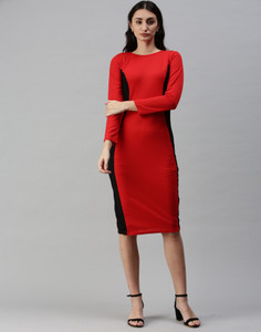 Selvia Women Bodycon Red Midi Calf Length