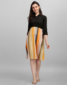 Selvia Women A-line Black Multicolor Knee Length