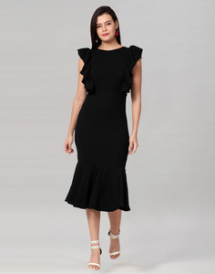 Selvia Women Ruffled Black Below Knee Dress