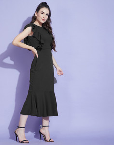 Selvia Women Ruffled Black Midi Calf Length