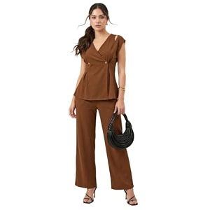 selvia womens solid wrap style top with wide leg trousers co-ord set