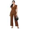 Selvia Women’s Solid Wrap Style Top with Wide Leg Trousers Co-Ord Set