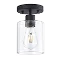 Semi Flush Mount Ceiling Light Black 1 Light Farmhouse Ceiling Fixtures Ceiling Mount Ceiling Lights with Glass Shade for Kitchen, Hallway, Foyer,